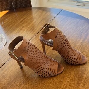 Vince Camuto Women’s Tan Laser-Cut Peep-Toe Stiletto Heels with Ankle Buckle